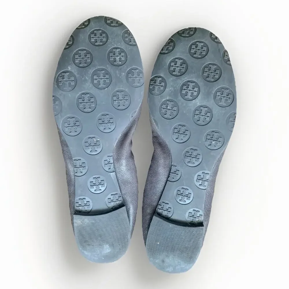 TORY BURCH Leather Snakeskin Ballet Flat Slip-On Shoe Grey Gunmetal Logo WMNS 9 - Picture 4 of 14